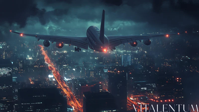 Passenger jet descends over neon-lit stormy night cityscape.