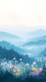 Layered blue hills with foreground wildflowers in bloom.