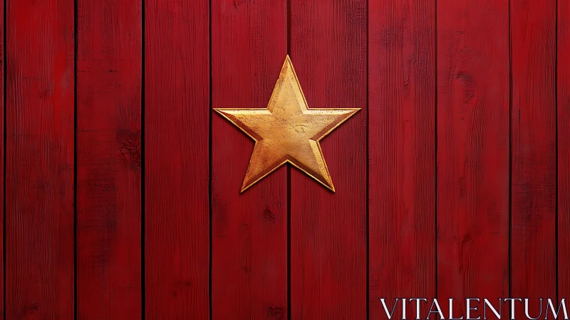 Golden textured star centered on vertical red planks.