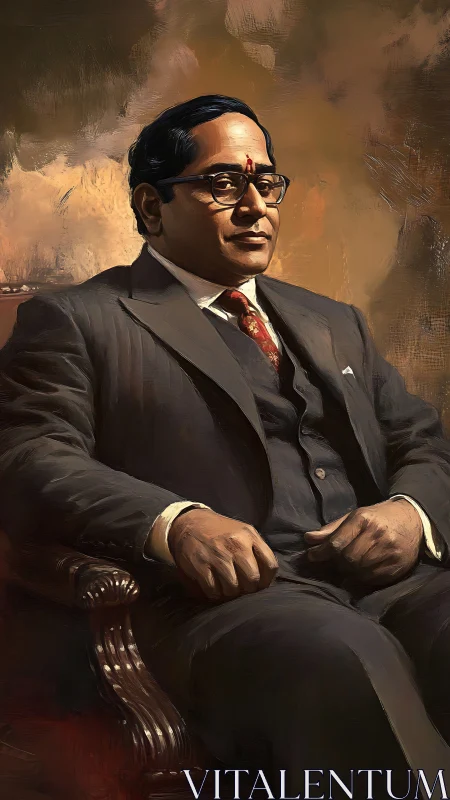 Oil-rendered dignitary in tailored suit, seated in carved chair.