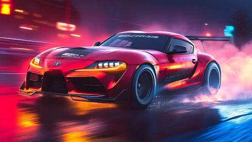 Neon-lit Toyota Supra drifts through a rain-soaked cyber street.