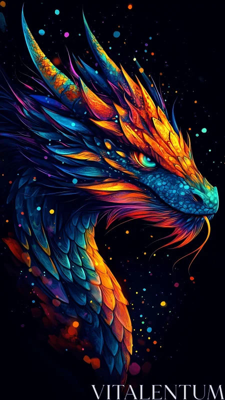 Neon scaled dragon portrait against deep cosmic void.