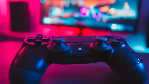 Neon-soaked game controller dreaming in arcade twilight.