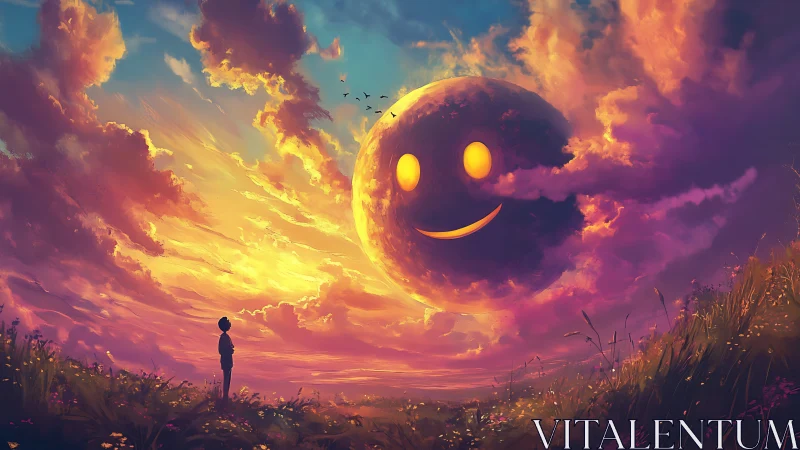 Smiling celestial sphere over child in vivid sunset field.