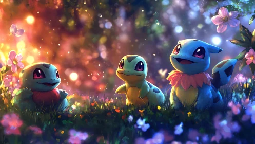 Digital painting of playful blue creatures in luminous forest.