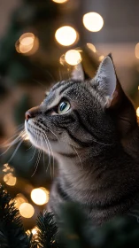 Side-lit tabby cat profile with shallow depth and festive bokeh