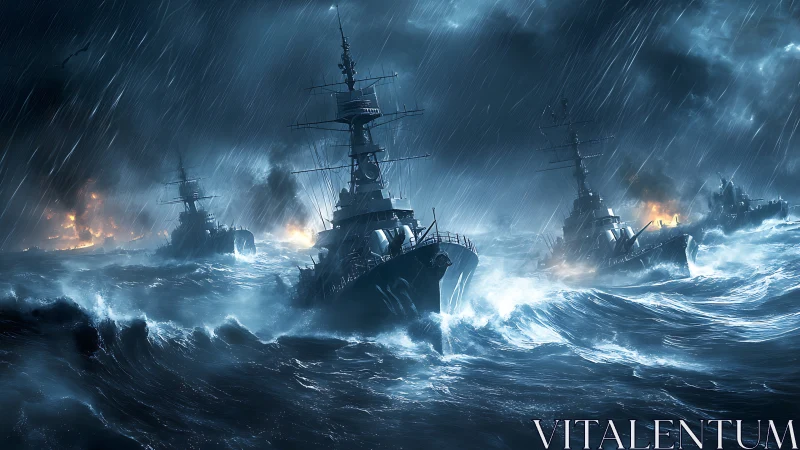 Warships advance through storm-torn seas under artillery fire