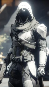 Hooded sci fi guardian poised in sleek white battle armor.