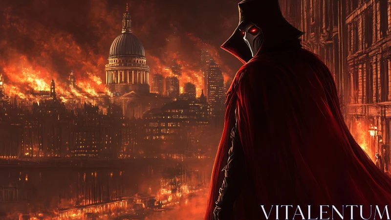 Masked warlock observes burning city under bloodred sky.