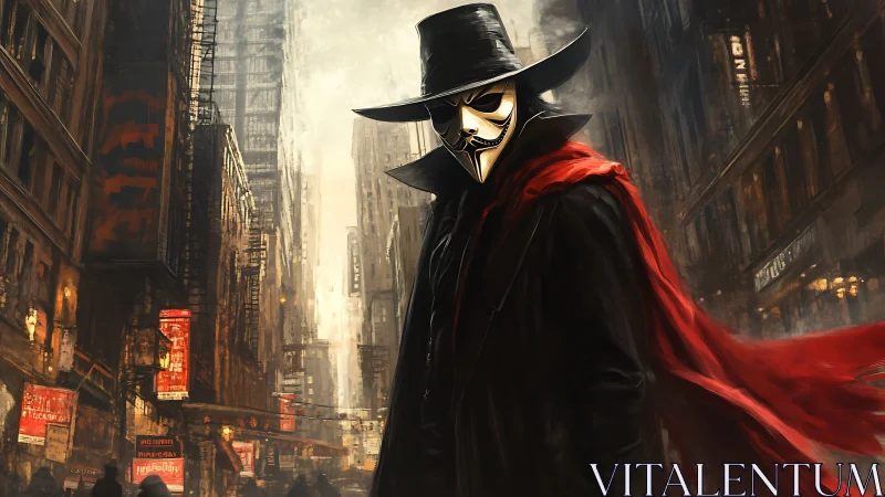 Masked vigilante in red cloak dominates dystopian urban corridor
