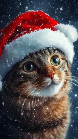 Cat Wearing Santa Hat in Snow