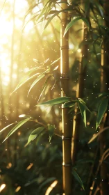 Sunlit bamboo stems with suspended airborne particles.