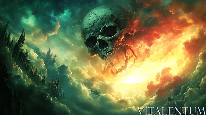 Storm-lit sky skull drifting over a surreal fiery horizon.