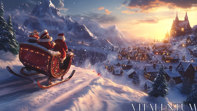 Digital painting of Santa’s sleigh above luminous alpine village.