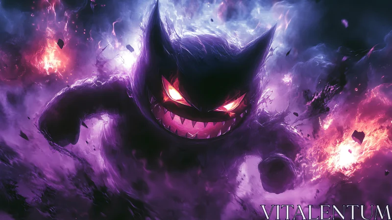 Ghost creature erupts from violet inferno, eyes blazing