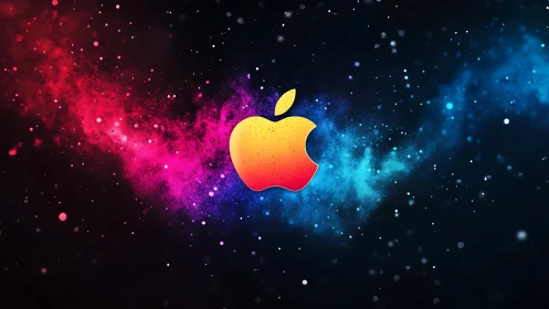 Gradient apple emblem over neon cosmic galaxy field.