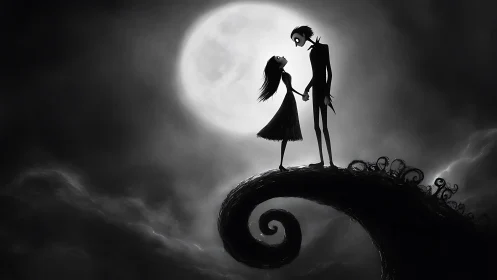 Skeletal Lovers Embrace Under Moonlit Sky.