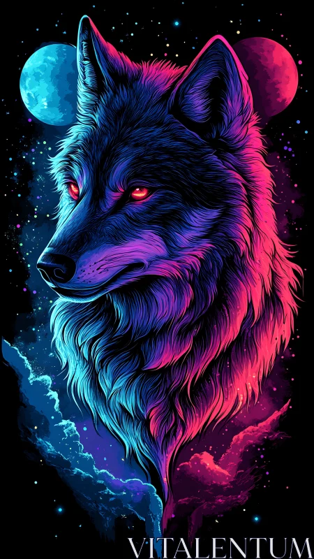 Neon cosmos wolf crowned by twin moons in electric night.