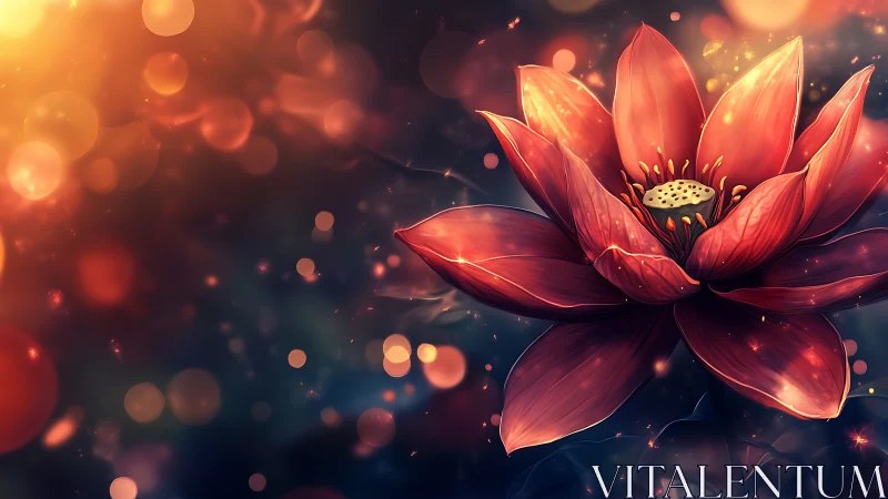 Glowing red lotus blooms against dark bokeh night field