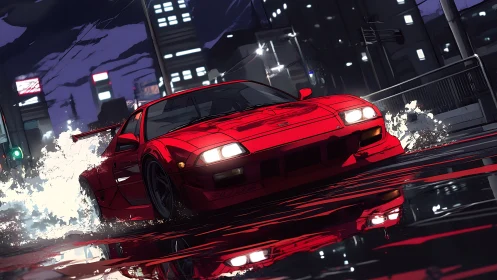Red sports car drifting on wet urban street at night.