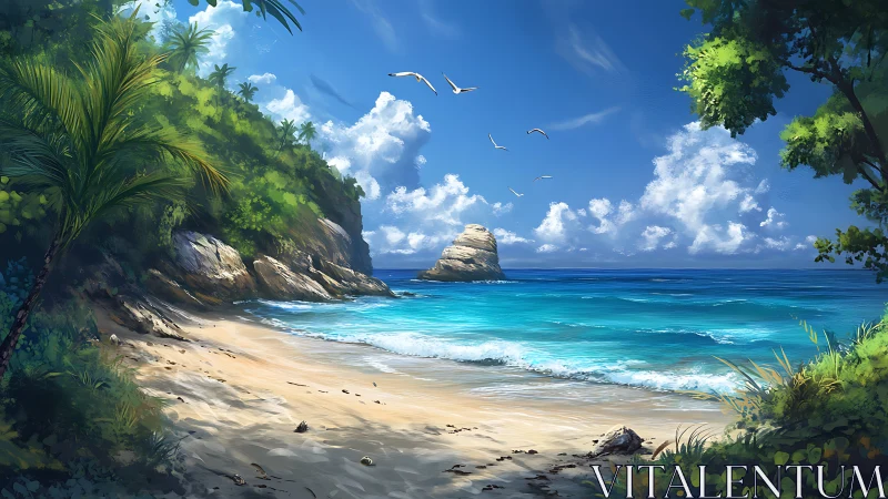 Tropical Island Beach with Coastal Rock Formation.