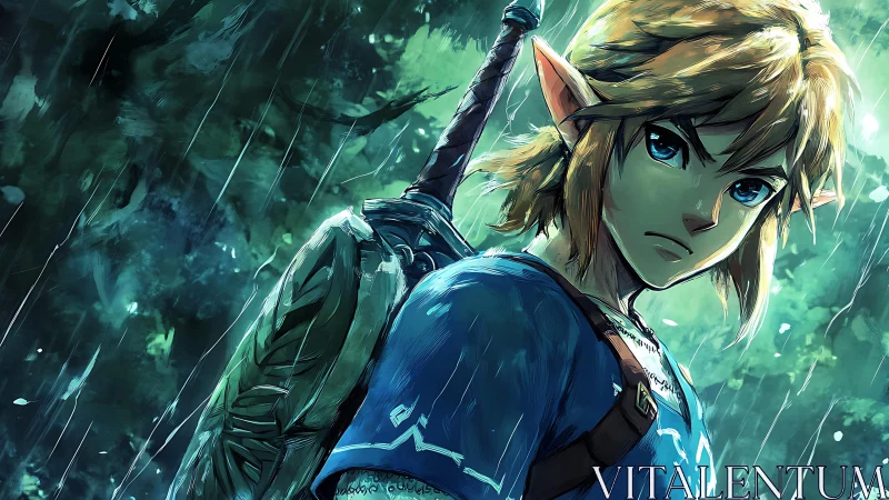 Young forest hero stands ready beneath the falling rain.