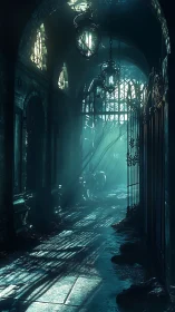 Dim stone corridor with iron gates and overhead lanterns.