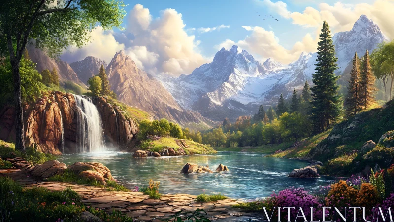 Cascade of dawn over crystal lake and snowlit peaks.