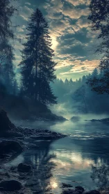 Moody riverside conifer forest in cinematic vertical framing.