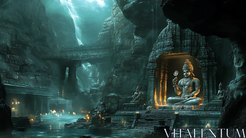 Subterranean cavern temple with colossal illuminated Shiva shrine