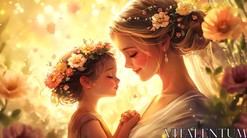 Digital portrait depicting two figures with floral crowns in warm lighting.