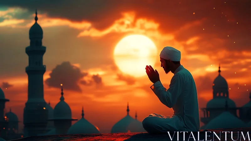 Sunset prayers rise gently between glowing mosque domes