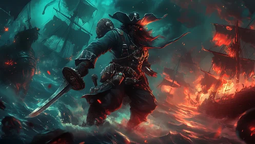 Armored pirate leads brutal naval assault in stormy seas.