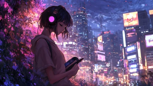 Girl with neon headphones in glowing cyberpunk city night