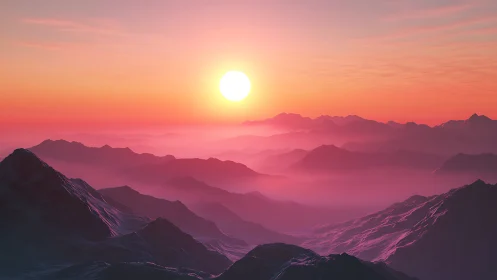Sunset illuminates layered mountain ridges in pink haze