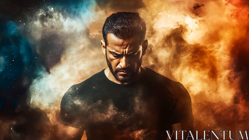 Contrasted male portrait emerges from turbulent bicolor nebula field