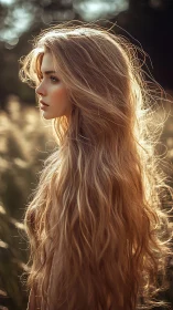 Profile view shows long wavy hair in warm backlight