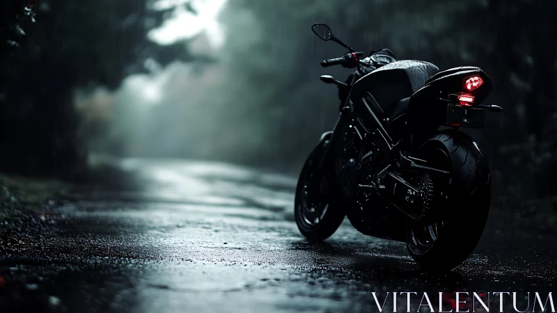 Sport motorcycle waits on wet forest road under rain