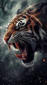 Hyperreal roaring tiger close-up with snow and flying embers