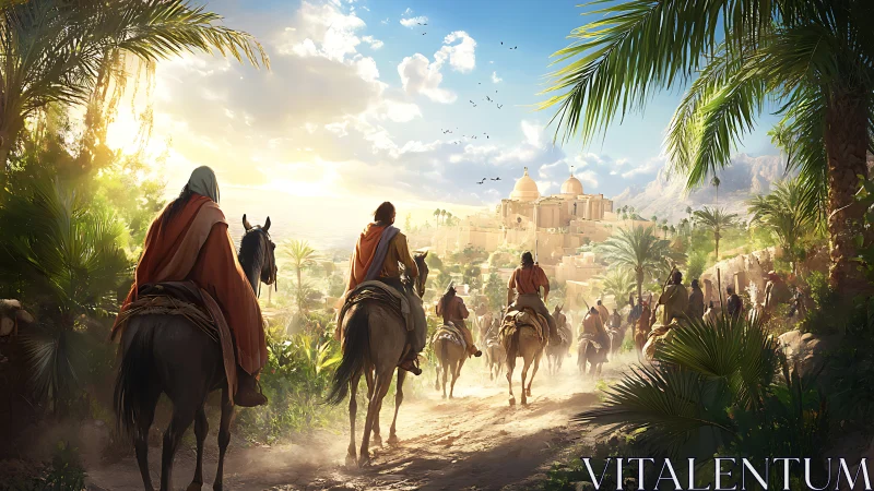 Caravan riders approach sunlit desert citadel through oasis road.