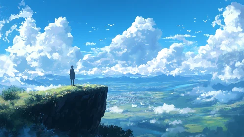 Solitary figure on cliff edge overlooking vast valley.