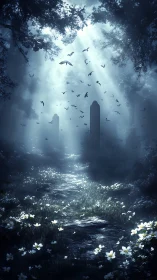 Moonlit forest path cuts through mist toward silent monoliths