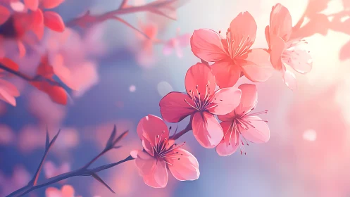 Soft pink cherry blossoms glow against blurred pastel sky