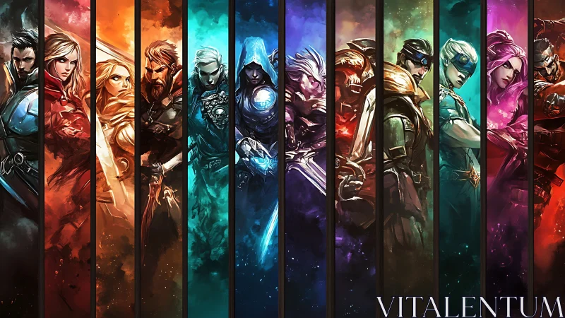 Row of stylized armored heroes in segmented color panels.