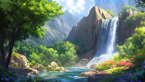 Sunlit canyon waterfall humming over emerald daydreams.