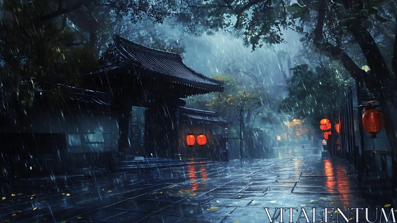 Digital night rain over lantern-lit traditional gate street scene.