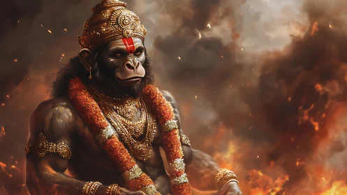 Regal monkey warrior gazes calmly through embers and smoke