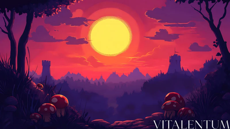 Crimson valley sunrise crowns twin towers and mossy toadstools.