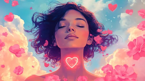Ethereal Woman Surrounded by Pink Flowers and Glowing Heart.