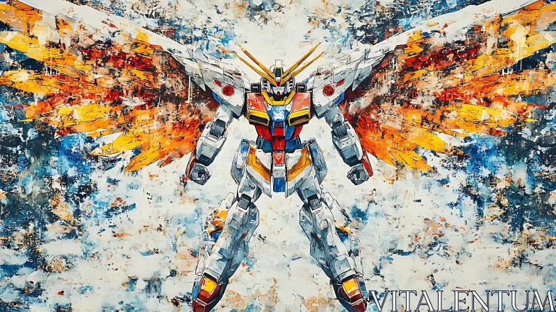 Mecha with flaming vector wings dominates an abstract sky field